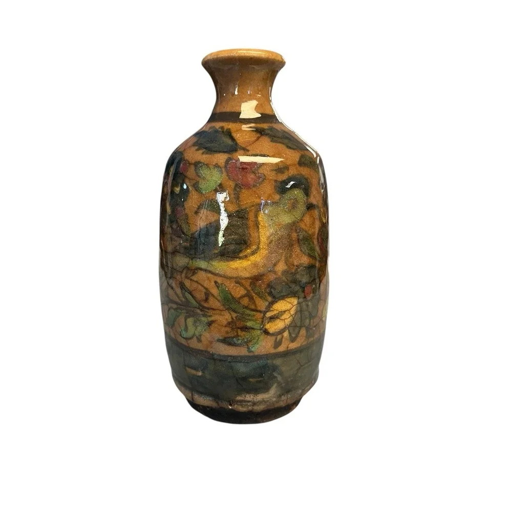 Antique‎ Bottle Flask Vase Persian Qajar Pottery Turkish Iznik Birds Flowers